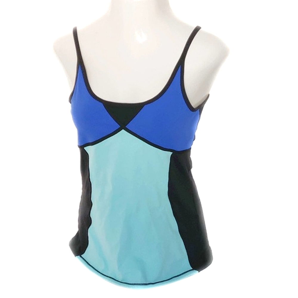 Blue Black Color Block Stretchy Spaghetti Strap Workout Sports Top Sz L